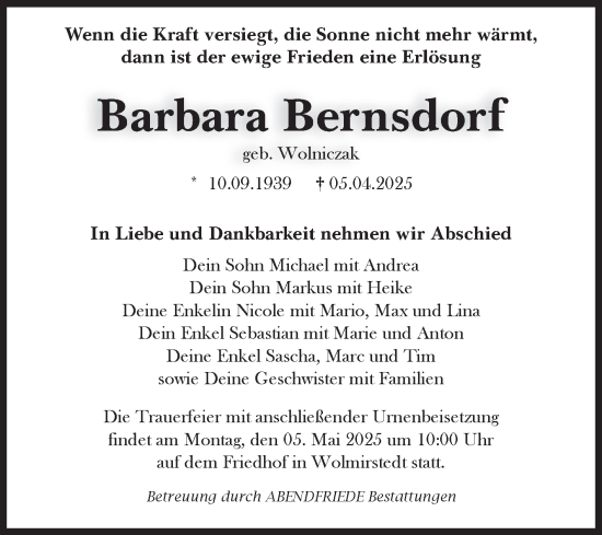 Traueranzeige von Barbara Bernsdorf von Volksstimme Haldensleben/Wolmirstedt