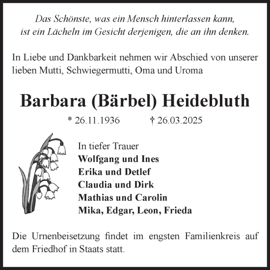 Traueranzeige von Barbara Heidebluth von Volksstimme Altmark Ost