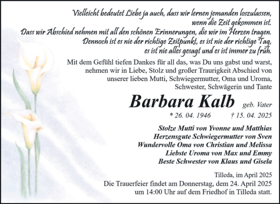Traueranzeige von Barbara Kalb von Mitteldeutsche Zeitung Sangerhausen