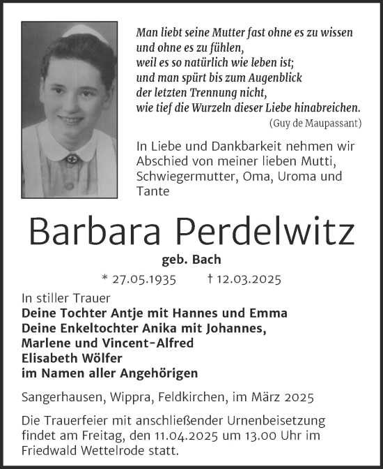 Traueranzeige von Barbara Perdelwitz von Trauerkombi Sangerhausen