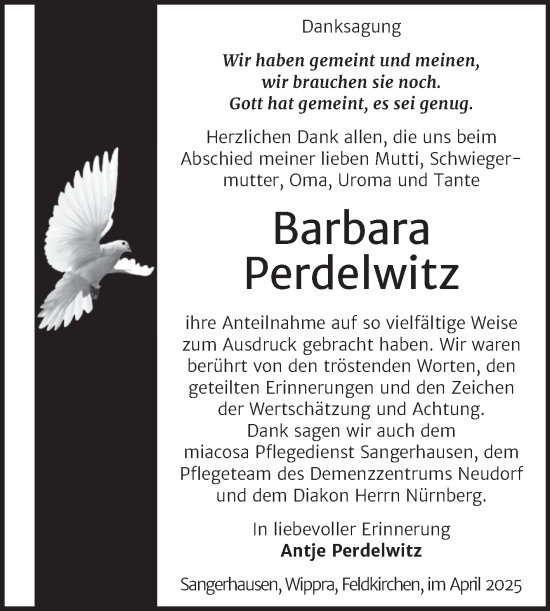 Traueranzeige von Barbara Perdelwitz von Trauerkombi Sangerhausen