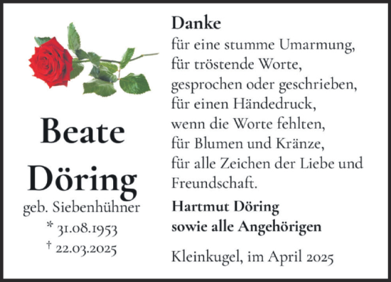 Traueranzeige von Beate Döring von Mitteldeutsche Zeitung Halle/Saalkreis