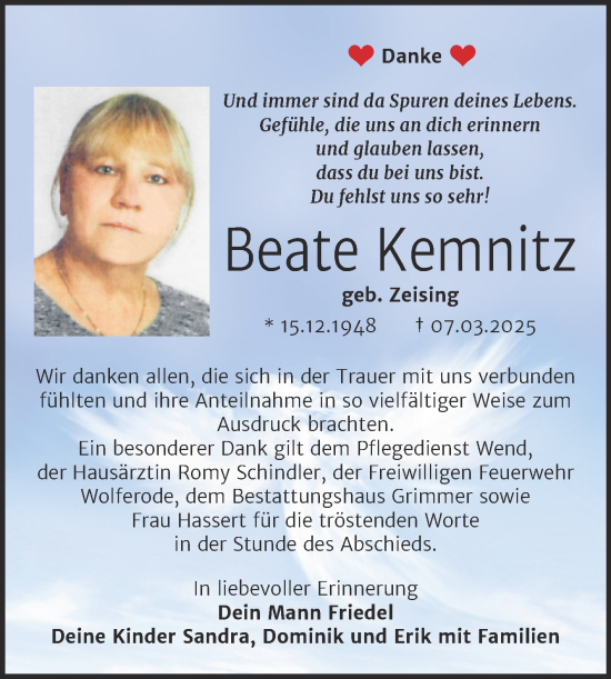 Traueranzeige von Beate Kemnitz von Trauerkombi Mansfelder Land