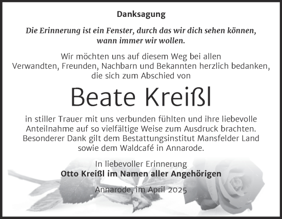 Traueranzeige von Beate Kreißl von Mitteldeutsche Zeitung Mansfelder Land