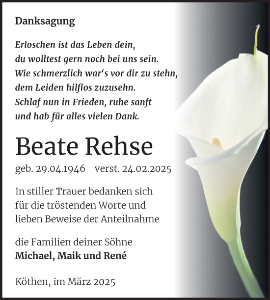 Traueranzeige von Beate Rehse von Trauerkombi Köthen