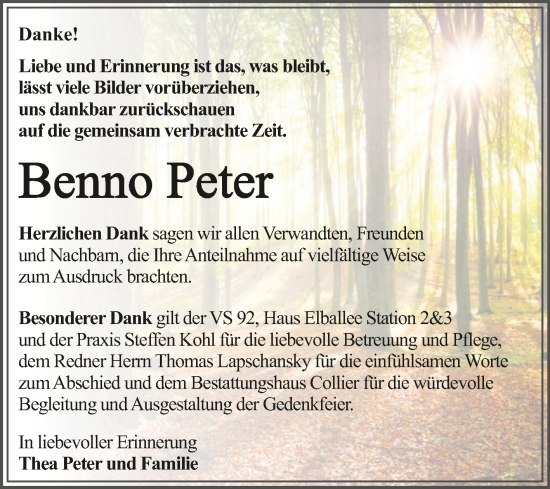 Traueranzeige von Benno Peter von Trauerkombi Dessau