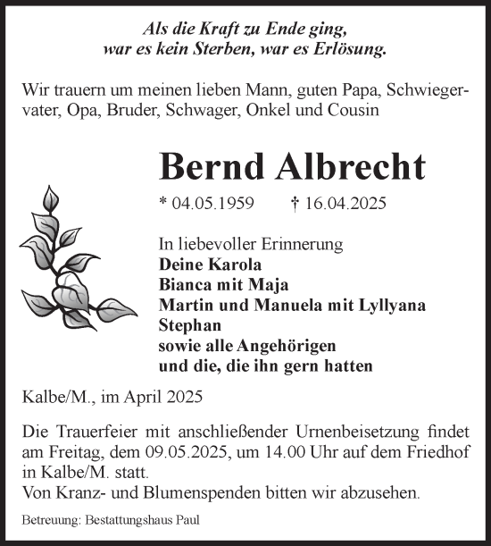 Traueranzeige von Bernd Albrecht von Volksstimme Altmark West