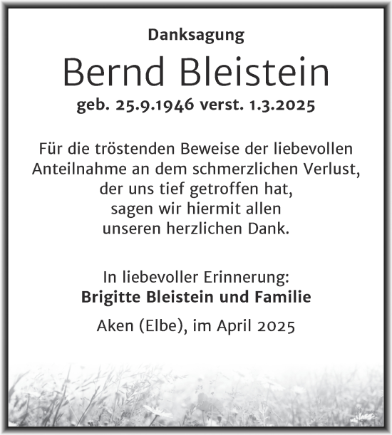 Traueranzeige von Bernd Bleistein von Trauerkombi Köthen