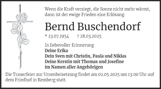Traueranzeige von Bernd Buschendorf von Trauerkombi Wittenberg