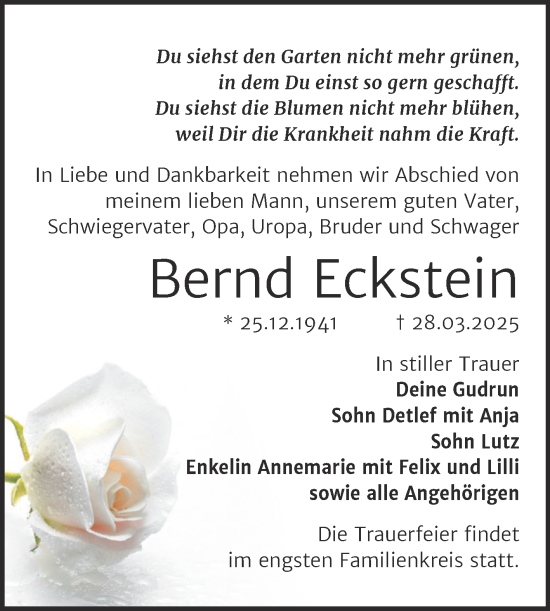 Traueranzeige von Bernd Eckstein von Trauerkombi Sangerhausen
