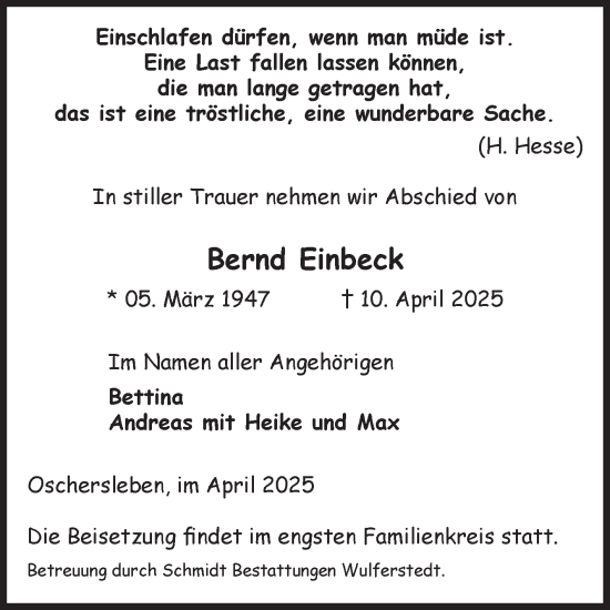 Traueranzeige von Bernd Einbeck von Volksstimme Oschersleben/Wanzleben