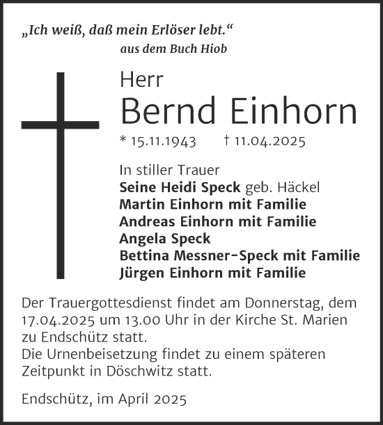 Traueranzeige von Bernd Einhorn von Mitteldeutsche Zeitung Zeitz