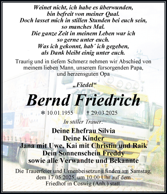 Traueranzeige von Bernd Friedrich von Trauerkombi Wittenberg
