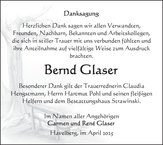 Traueranzeige von Bernd Glaser von Volksstimme Altmark Ost
