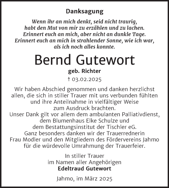 Traueranzeige von Bernd Gutewort von Trauerkombi Wittenberg