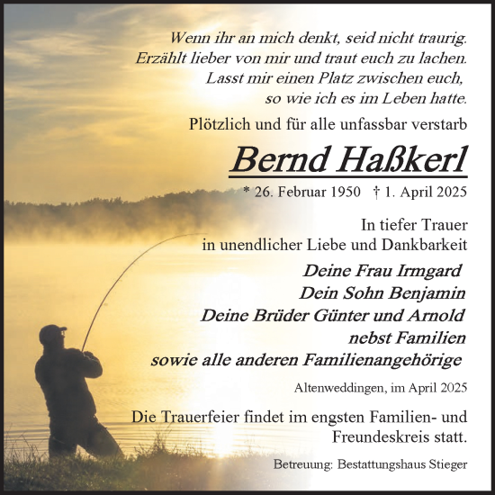 Traueranzeige von Bernd Haßkerl von Volksstimme Oschersleben/Wanzleben