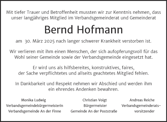 Traueranzeige von Bernd Hofmann von Super Sonntag Naumburg/Nebra