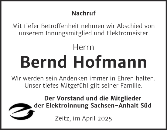 Traueranzeige von Bernd Hofmann von Super Sonntag Naumburg/Nebra