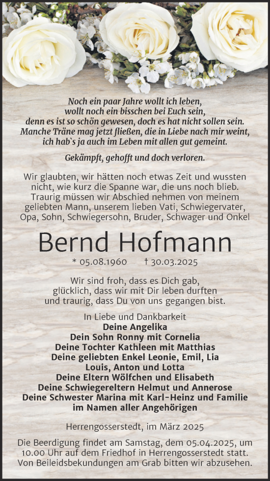Traueranzeige von Bernd Hofmann von Naumburger Tageblatt