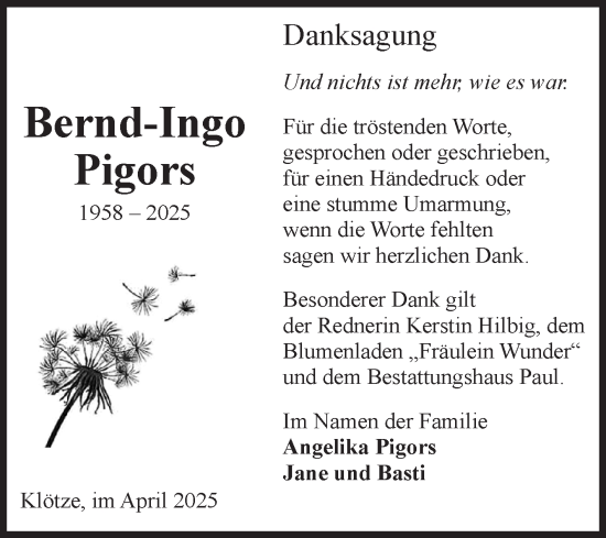 Traueranzeige von Bernd-Ingo Pigors von Volksstimme Altmark West