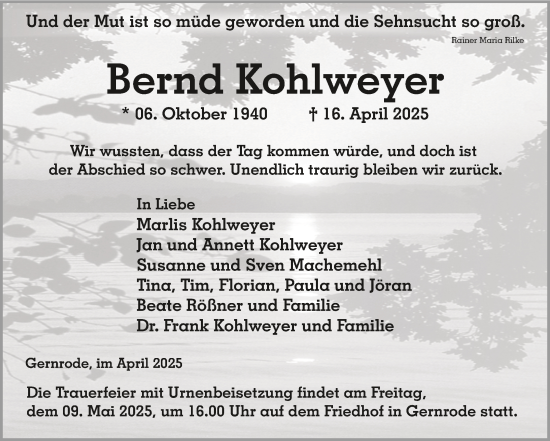 Traueranzeige von Bernd Kohlweyer von Trauerkombi Quedlinburg