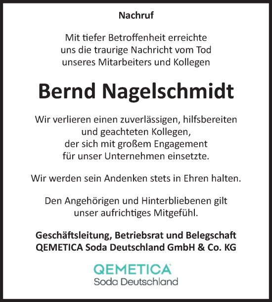 Traueranzeige von Bernd Nagelschmidt von Volksstimme Staßfurt