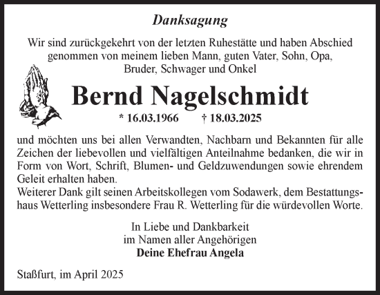 Traueranzeige von Bernd Nagelschmidt von Volksstimme Staßfurt