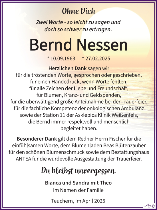 Traueranzeige von Bernd Nessen von Trauerkombi Weißenfels