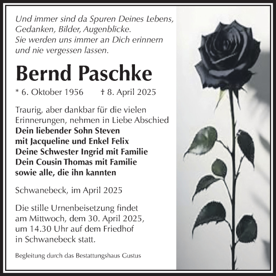 Traueranzeige von Bernd Paschke von Volksstimme Halberstadt