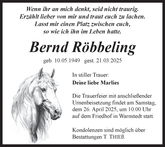 Traueranzeige von Bernd Röbbeling von Trauerkombi Quedlinburg