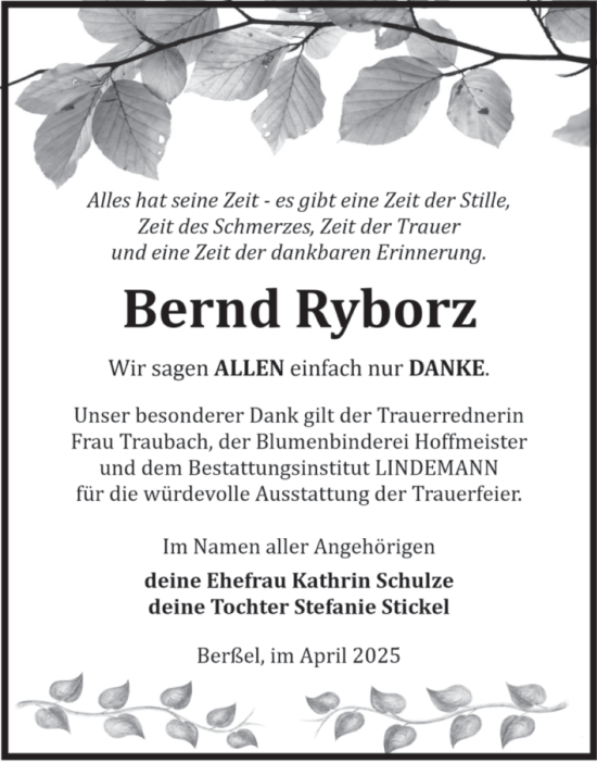 Traueranzeige von Bernd Ryborz von Volksstimme Halberstadt