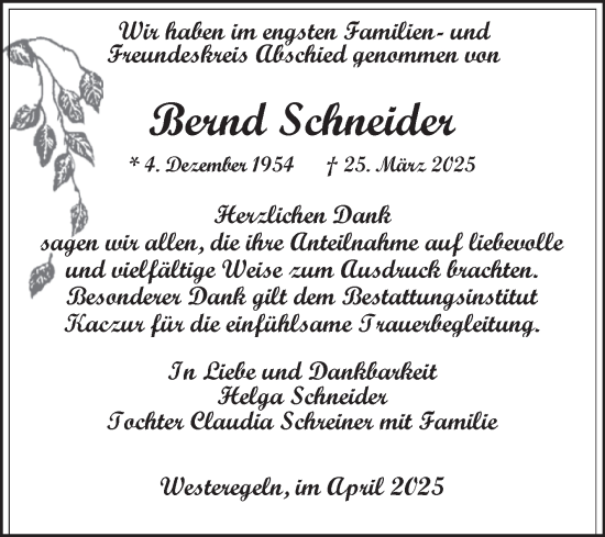 Traueranzeige von Bernd Schneider von Volksstimme Staßfurt