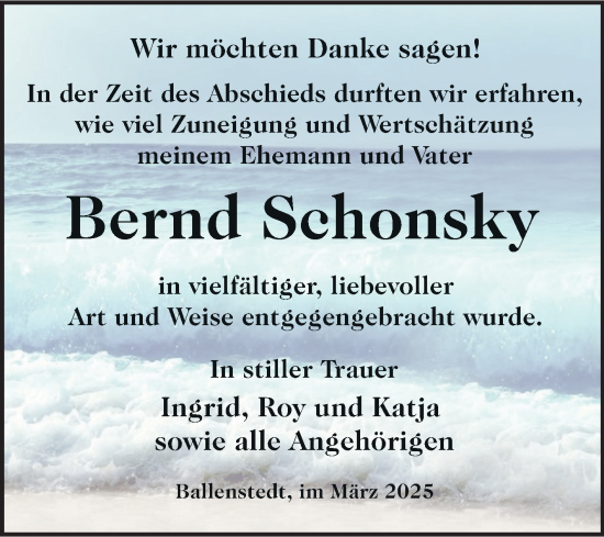Traueranzeige von Bernd Schonsky von Trauerkombi Quedlinburg