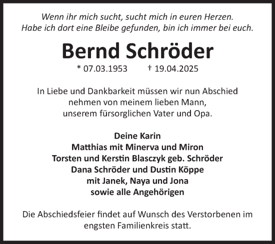 Traueranzeige von Bernd Schröder von Volksstimme Burg/Genthin