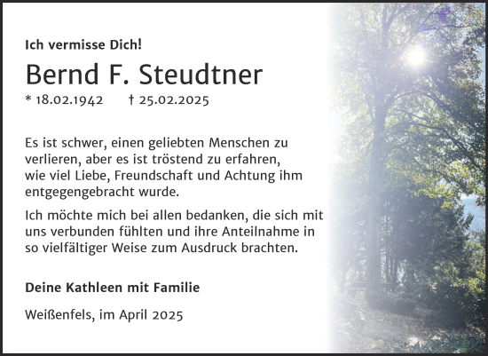 Traueranzeige von Bernd  Steudtner von Trauerkombi Weißenfels