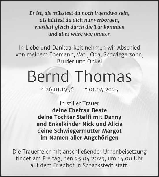 Traueranzeige von Bernd Thomas von Trauerkombi Aschersleben