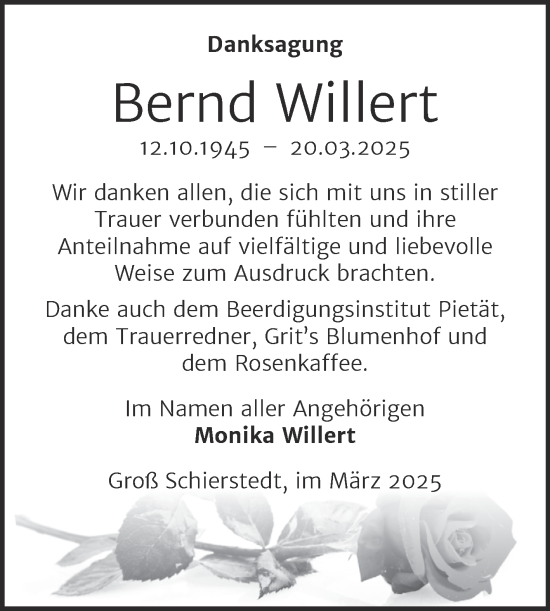Traueranzeige von Bernd Willert von Trauerkombi Aschersleben