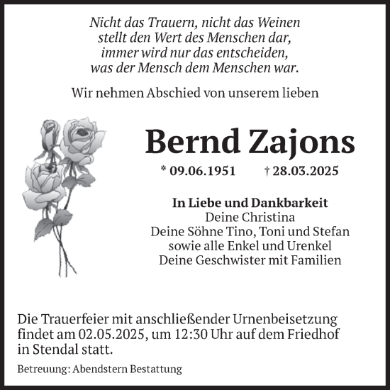 Traueranzeige von Bernd Zajons von Volksstimme Altmark Ost