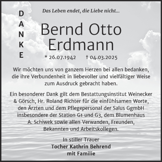 Traueranzeige von Bernd Otto Erdmann von Trauerkombi Bernburg