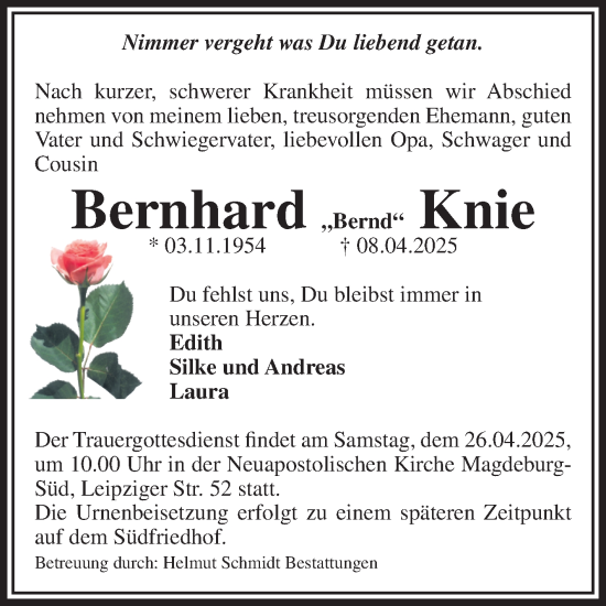 Traueranzeige von Bernhard Knie von Volksstimme Magdeburg