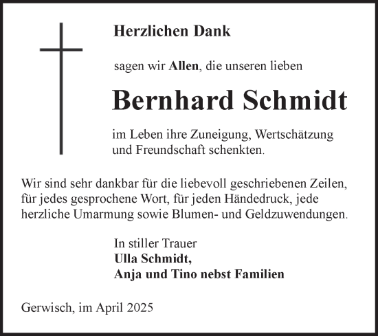 Traueranzeige von Bernhard Schmidt von Volksstimme Burg/Genthin