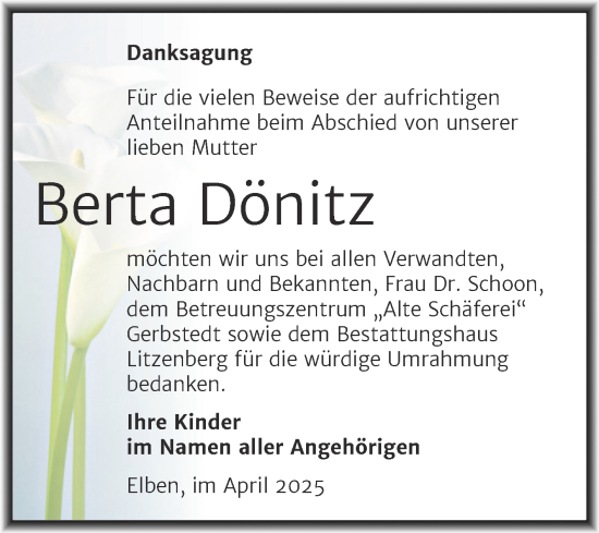Traueranzeige von Berta Dönitz von Trauerkombi Mansfelder Land