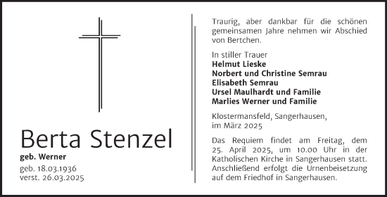 Traueranzeige von Berta Stenzel von Trauerkombi Mansfelder Land