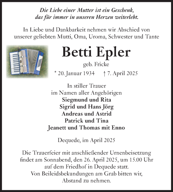 Traueranzeige von Betti Epler von Volksstimme Altmark Ost