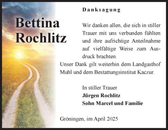 Traueranzeige von Bettina Rochlitz von Volksstimme Oschersleben/Wanzleben