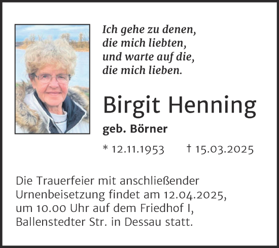 Traueranzeige von Birgit Henning von Trauerkombi Dessau