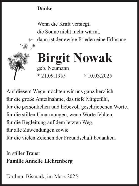 Traueranzeige von Birgit Nowak von Volksstimme Altmark Ost