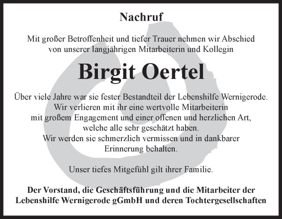 Traueranzeige von Birgit Oertel von Volksstimme Wernigerode