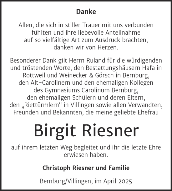Traueranzeige von Birgit Riesner von Trauerkombi Bernburg