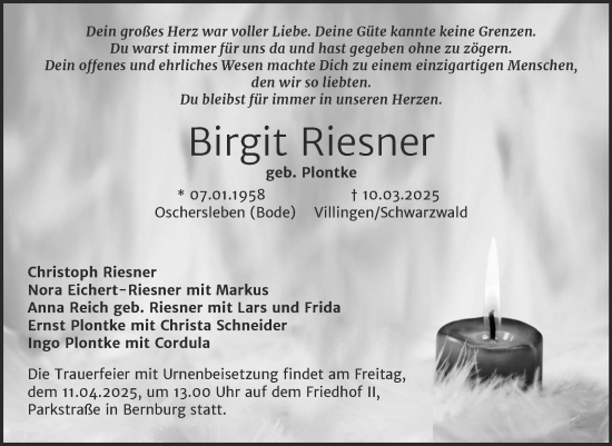 Traueranzeige von Birgit Riesner von Trauerkombi Bernburg